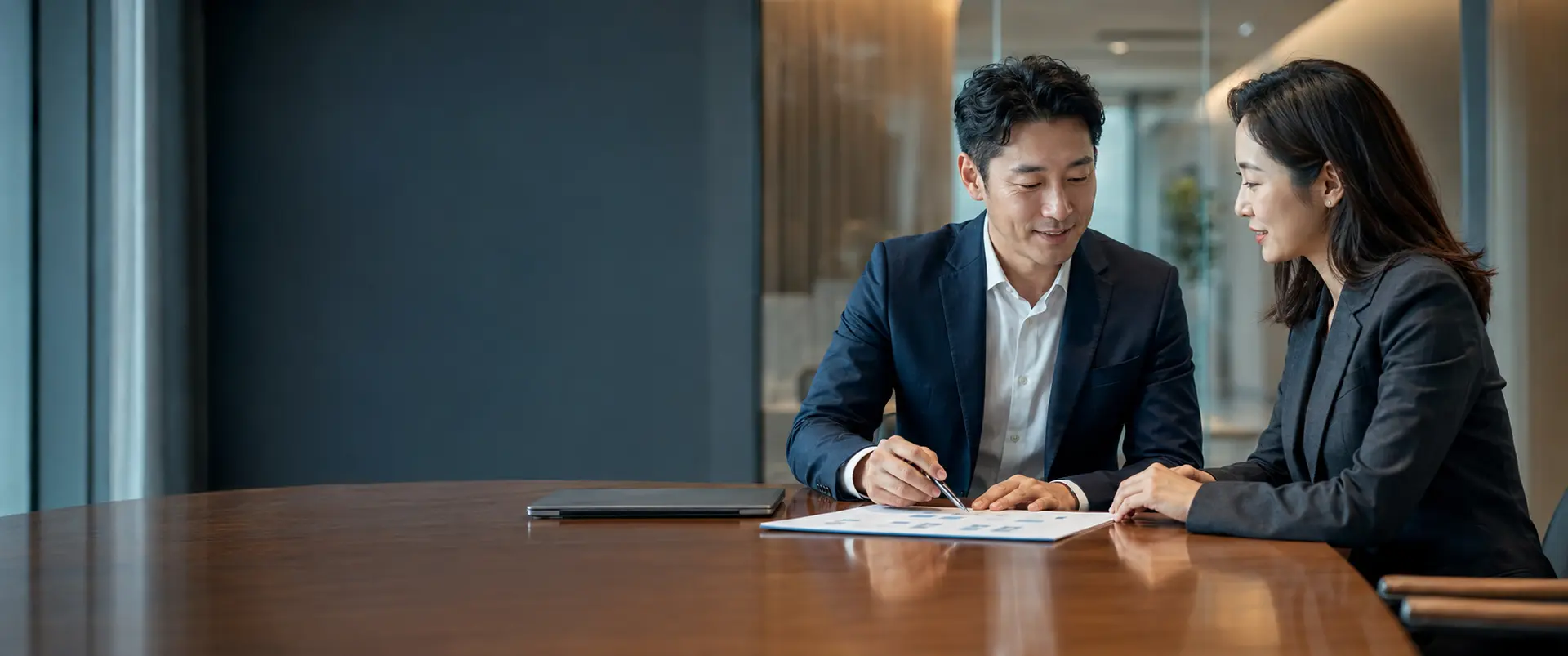 기업교육 계획을 상담하는 담당자와 교육 전문가